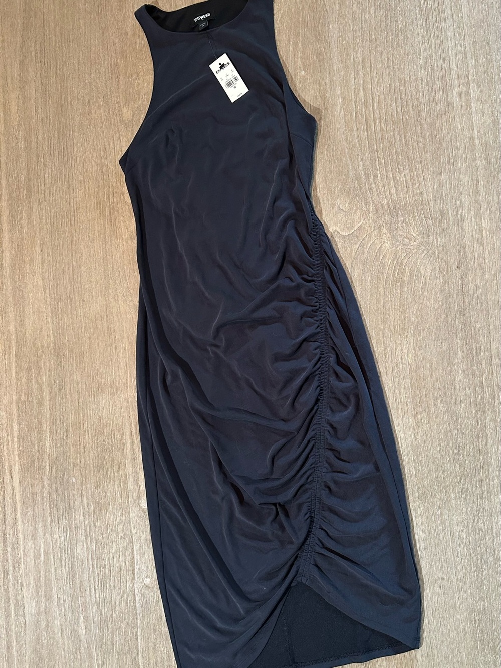 NWT Express Black Ruched Bodycon Midi Dress XS Asymmetrical Hem
